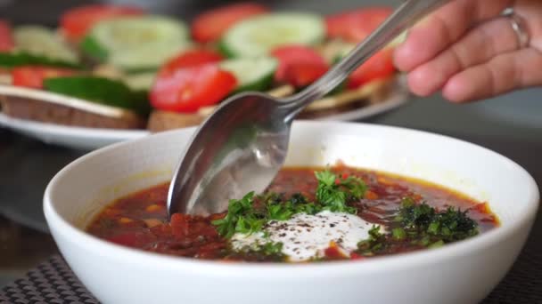 Close-up de sopa de beterraba tradicional ucraniana, borshch. Cozinha tradicional saudável opção vegan — Vídeo de Stock