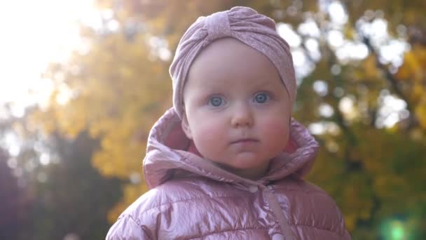 Actividades al aire libre para niños. Primer plano de lindo retrato de niño en rosa jugando en el parque de otoño — Vídeo de stock