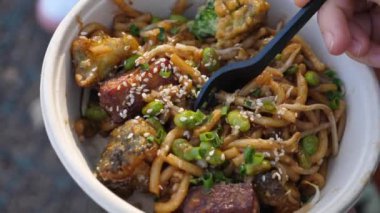 Karnabaharlı Udon Eriştesi, Edamame, Susam ve Tofu. Yakın çekim.. 
