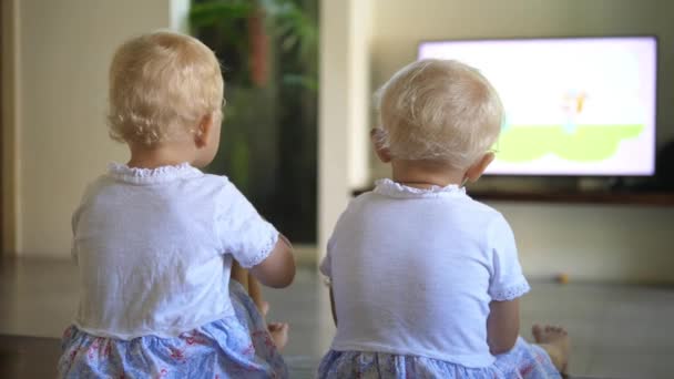 Zusters die tijd met elkaar verbinden. Twee blanke meisjes die televisie kijken. Achterste schot — Stockvideo