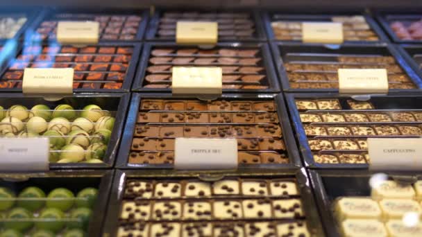Exposición de caramelos artesanales de chocolate exclusivos en amplio surtido. Concepto de confitería — Vídeos de Stock