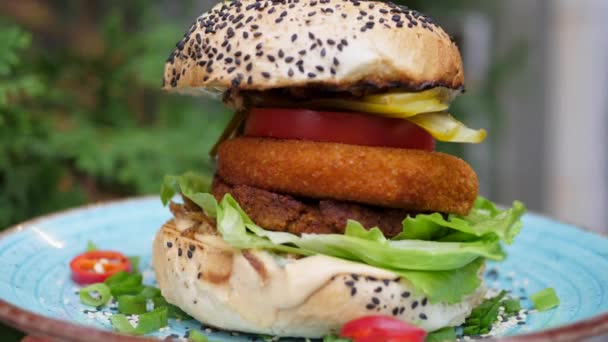 Sağlıklı mikrobiyomlar için dengeli bitki temelli diyet. Izgara vejetaryen burger tabağını soya, falafel, sebze, tahini ile kapat. — Stok video