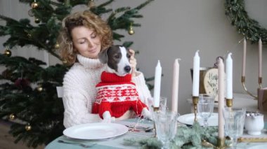 Noel ağacının yanında mumlarla şenlik masasında oturan sevimli köpek ve sahip şirketleri. Ev ortamında kış tatili kutlamaları
