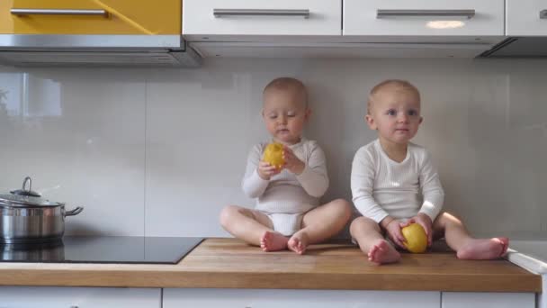 İki ikiz bebek mutfak masasının üstünde limonlar sabırla yemeğin pişirilmesini bekliyor. Ebeveynler ve çocuklar arasında uyum içinde mutlu bir aile hayatı — Stok video