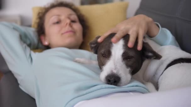 コロナウイルス流行のためにロックダウン中に自宅で彼女の犬とリラックス若い女性. — ストック動画