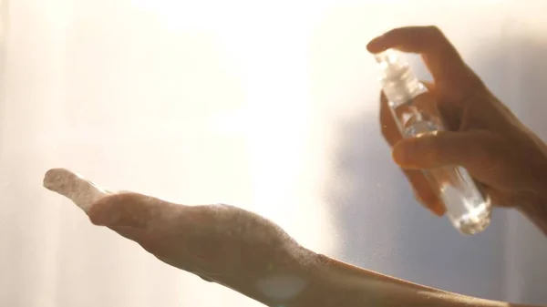 Coronavirus, Virus, Flu. Woman Using Sanitizing Spray Bottle For Hands. — Stock Photo, Image