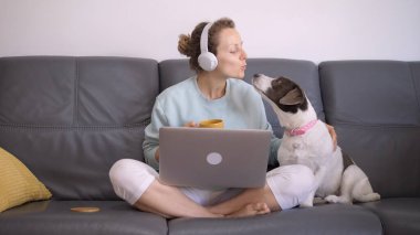 Evde bilgisayar ve kahveyle otururken güzel köpekleri okşayan mutlu bir kadının ön görüntüsü. Coronavirus kısıtlama kavramı. 