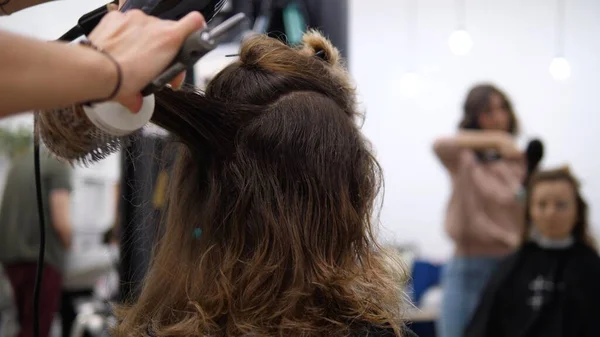 Visão traseira do cabeleireiro seco soprando cliente feminino. — Fotografia de Stock