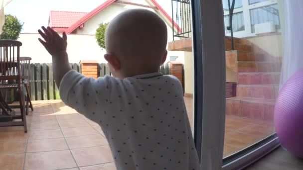 Piccolo bambino vicino finestra in quarantena durante coronavirus pandemia. — Video Stock