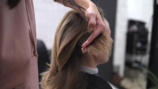 Art of hairdressing. Blonde woman getting her hair hair cut with scissors and hair comb. Warsaw-Poland-2020 — Stock Video