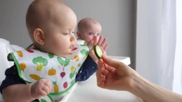 Mother Giving Her Baby Twins A Cucumber. Healthy Fresh Food For Babies. — Stok video