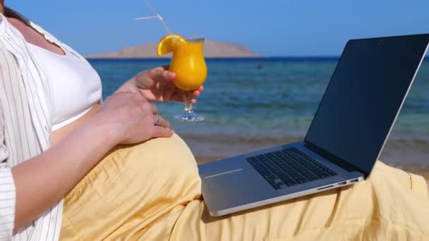 Mujer embarazada usando el ordenador portátil que relaja en la playa en días festivos. — Vídeo de stock