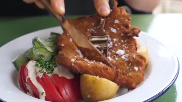 Detailní záběr na vidličku a nůž krájející kus veganského steaku podávaný se zeleninou a novými brambory. Zdravá vyvážená veganská strava — Stock video