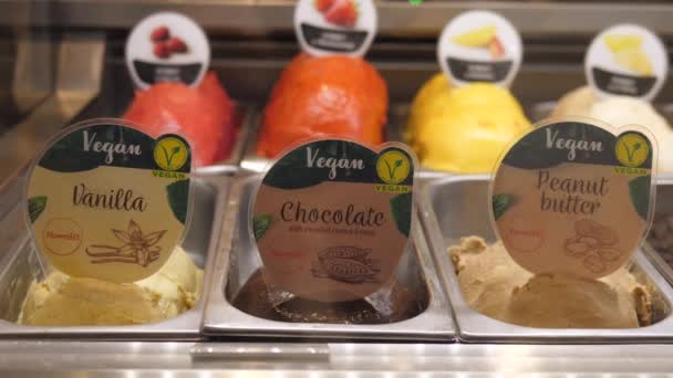Amplia selección de helados veganos con frutas frescas y bayas en exhibición en la cafetería. Postres naturales saludables a base de plantas dulces. Varsovia-Polonia-2020 — Vídeo de stock