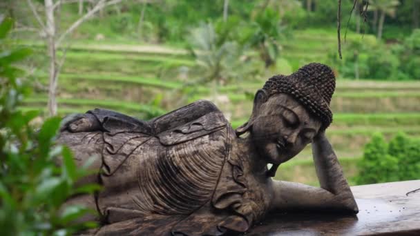 Esculturas tradicionais balinesas. figura de Buda que se inclina em sua mão — Vídeo de Stock