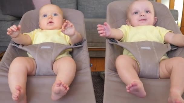 Bebé gemelos balanceo en gorilas. — Vídeo de stock