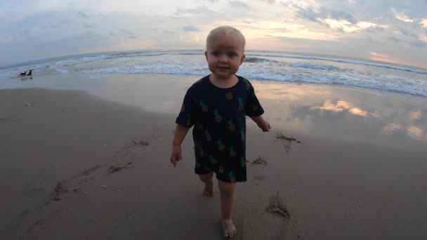 Glückliches kaukasisches Baby, das bei Sonnenuntergang am Strand in Richtung Kamera läuft. Glückliche Kindheit — Stockvideo