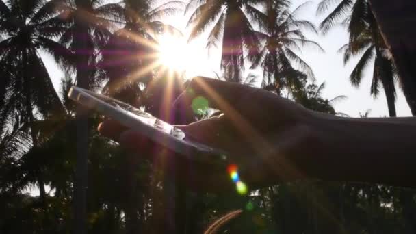Zblízka muže rukou pomocí mobilního telefonu proti slunci. — Stock video