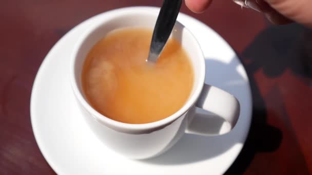 Mâle Remuer le lait dans une tasse de thé — Video