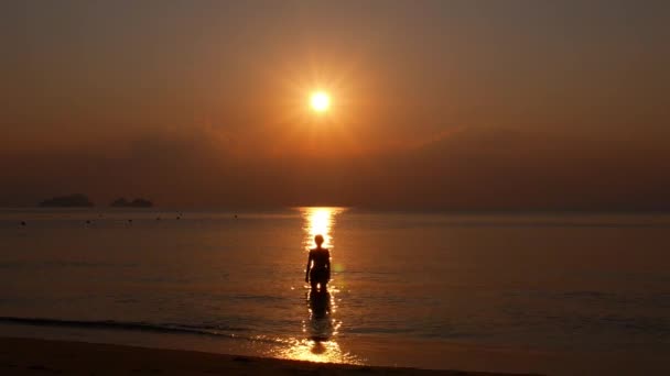 Junge Frau als Silhouette im Meer bei Sonnenuntergang. — Stockvideo
