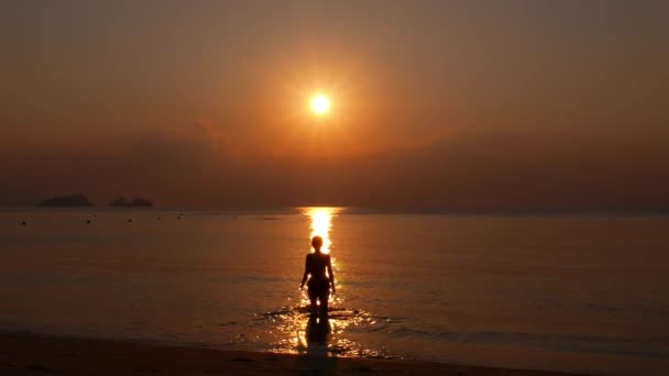 Frau zu Fuß in Richtung Sonnenuntergang im Meer. Zeitlupe. — Stockvideo