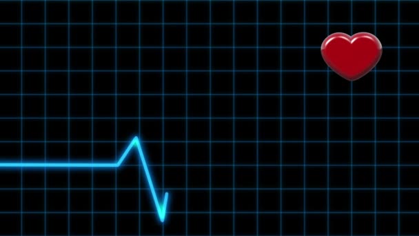 Cardiograma de animación y corazón pulsante sobre fondo negro — Vídeo de stock