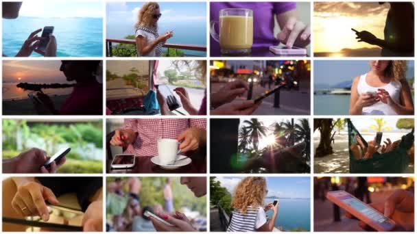 Collage-Frau mit Smartphone und Tablet. Moderne Technik — Stockvideo