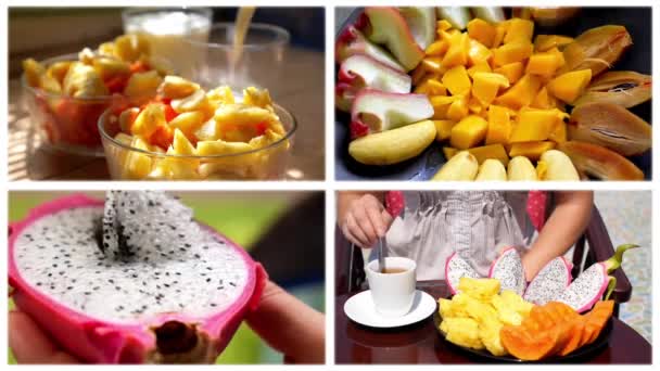 モンタージュ健康食品。朝食に新鮮な Ftuits — ストック動画