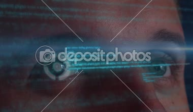 Skifi dijital Hologramic arabirim üzerinde çalışan adam. Fütüristik siber teknoloji