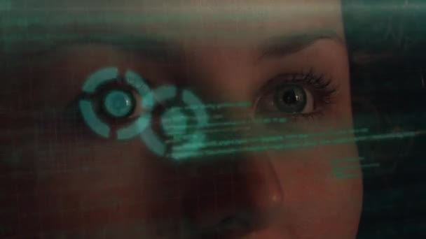 Cyber oči sledování kódu Hologram. Futuristické programátor rozhraní — Stock video