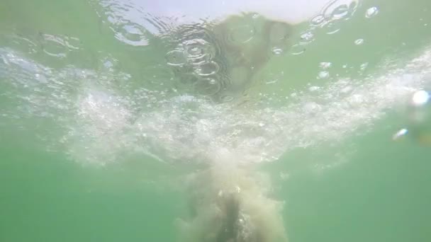 Frau schwimmt unter Wasser im türkisfarbenen Meer. — Stockvideo
