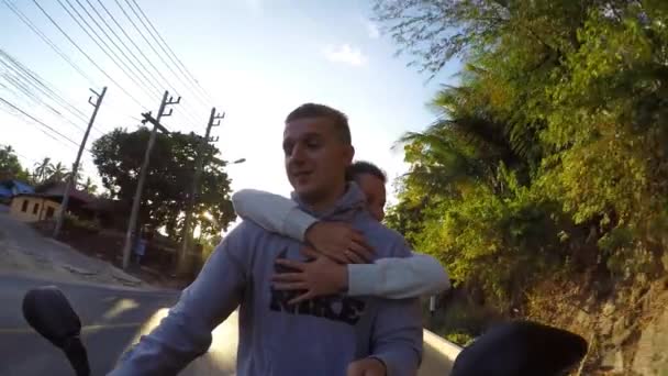 Young Couple in Love on Motorbike Enjoying the Trip. Slow Motion. — Stok video