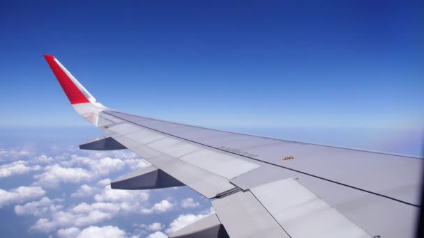 Крыло самолета из окна светильника и голубого неба — стоковое видео