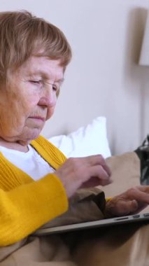 Bir kanepede rahat bir şekilde otururken dizüstü bilgisayarda yazı yazan, interneti karıştıran ve iletişim ve öğrenim için modern teknolojiye bağlı kalan son sınıf öğrencisi kadın.