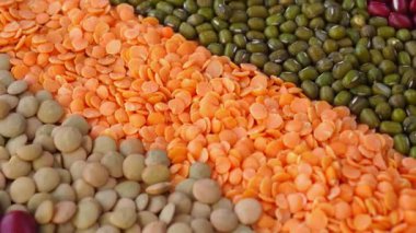 Kırmızı fasulye, yeşil mercimek, bölünmüş kırmızı mercimek ve mung fasulyesi gibi çeşitli pişmemiş baklagillerin dönüşümlü şekliyle sağlıklı ve canlı bir besin arkaplanı sergiliyorlar.