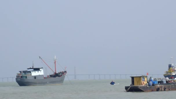 Bateaux de pêche ancrés dans la mer sur la jetée — Video