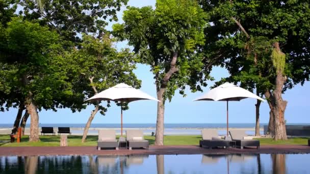 Piscina con tumbonas en el Luxury Resort Hotel en la playa — Vídeos de Stock