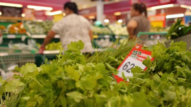 Thailand, koh samui, 13.05.2015 - Vielfalt an grünem Gemüse im Supermarkt. Gesunder Lebensstil. — Stockvideo
