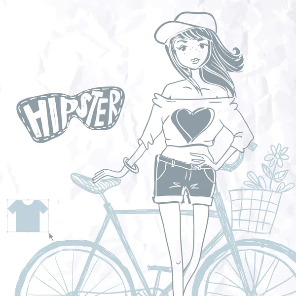 Hipster Підліток Дівчина На Її Вінтажний Велосипед — стоковий вектор