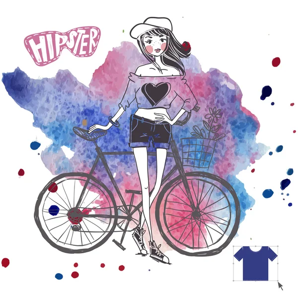 流行に敏感な 10 代の少女に彼女のビンテージ自転車 — ストックベクタ