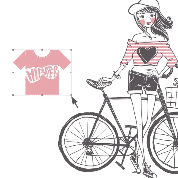 Hipster teini tyttö hänen vuosikerta pyörä — vektorikuva