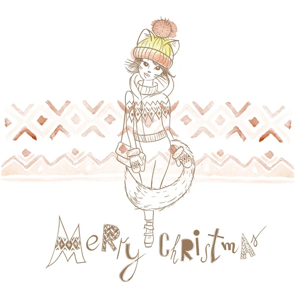Modní dívka v svetru, Vánoční pozadí — Stockový vektor