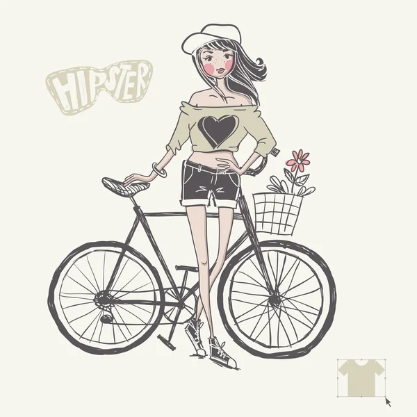 Ragazza hipster adolescente sulla sua bici vintage — Vettoriale Stock