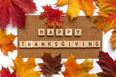 Renkli sonbahar akçaağaç, beyaz ve eko kahverengi arka planda ahşap harflerle Şükran Günü 'nü kutluyor. Düz konum, üst görünüm