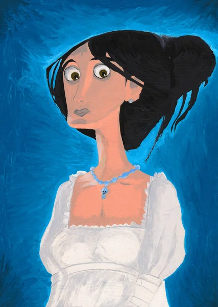 Girl portrait on canvas with oil paints. View girl on a blue background in a white dress. — Stock Photo, Image