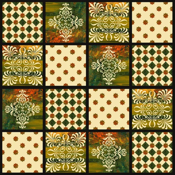 Cuadro de fondo brillante con pinturas al óleo. Colorido mosaico. Pintura al óleo. Colorido conjunto de azulejos ornamentales de Portugal. ornamento patrón de flores, mosaico. Patrón en negro perfecto. Azulejos de pared . Imagen De Stock