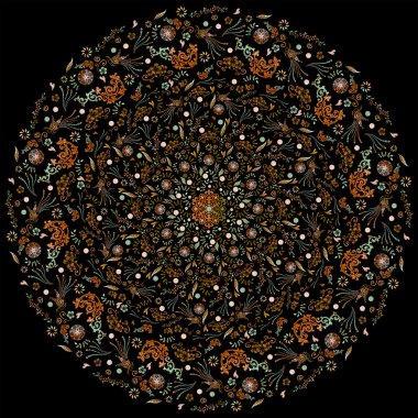 bright background picture with oil paints. Colorful mosaic. Mandala on perfect black. Small floral pattern. oil paint. Flower mosaic. Floral pattern ornament
