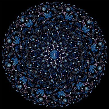 bright background picture with oil paints. Colorful mosaic. Mandala on perfect black. Small floral pattern. oil paint. Flower mosaic. Floral pattern ornament