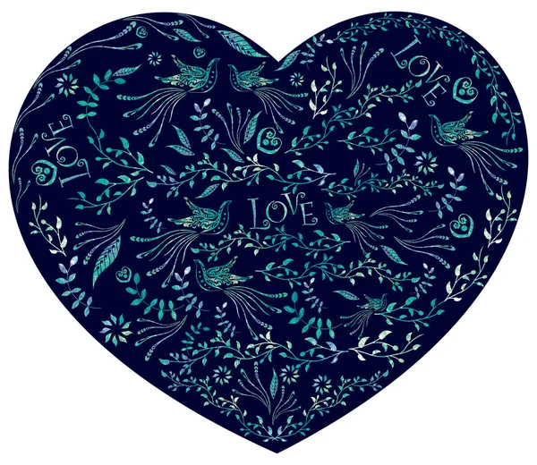 Background picture of a heart, inside birds, flowers. The pattern of small flowers. Oil paint