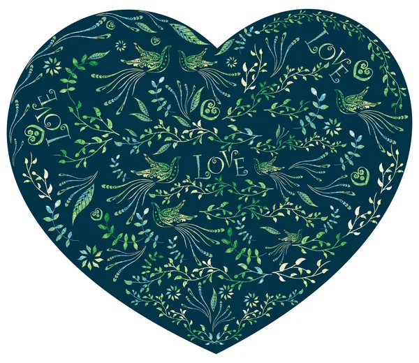 Background picture of a heart, inside birds, flowers. The pattern of small flowers. Oil paint